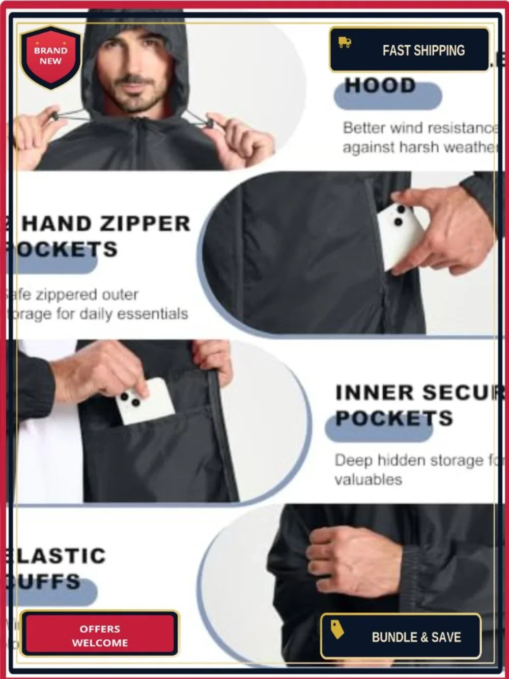 Waterproof Packable Raincoat Men's Lightweight Rain Jacket with Hood